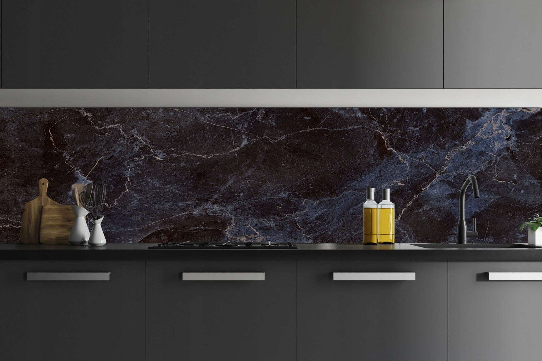 Kitchen backsplash high resistance latex wallpaper 350x60cm black navy blue