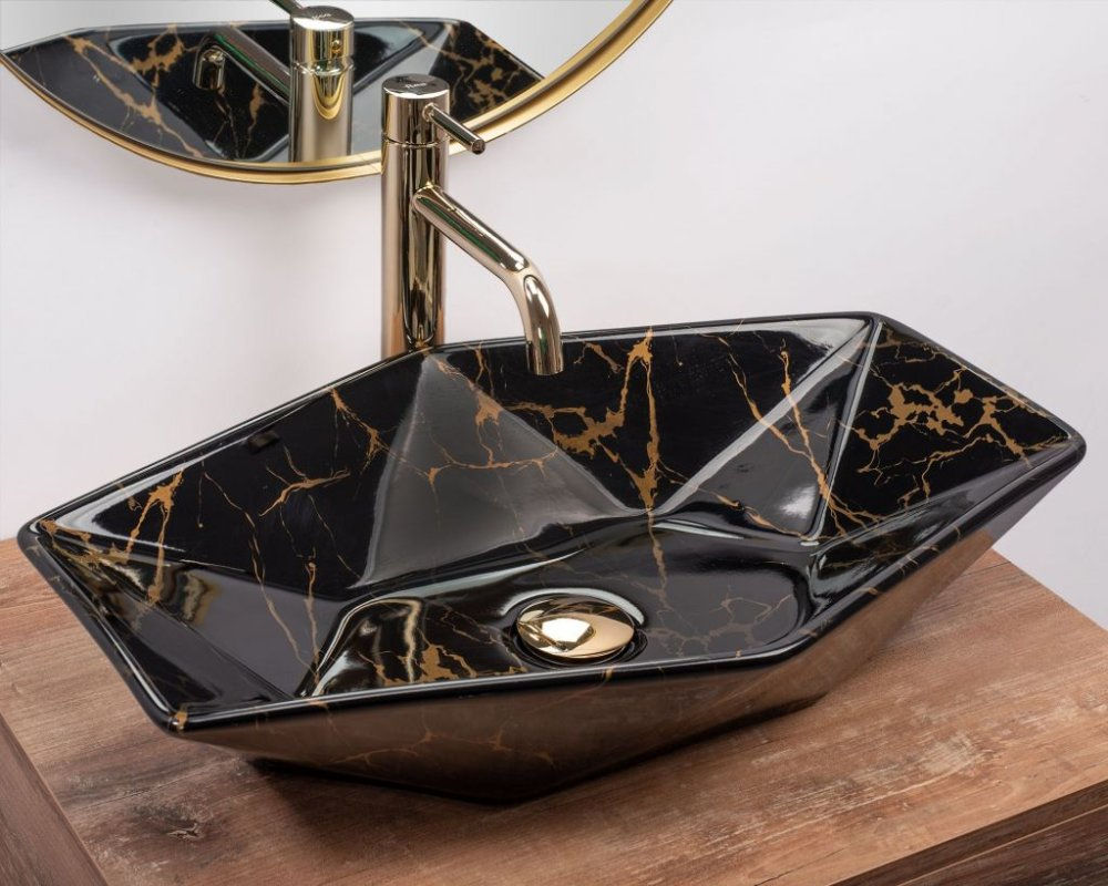 SET black marble sink with gold veins + mixer+ drain