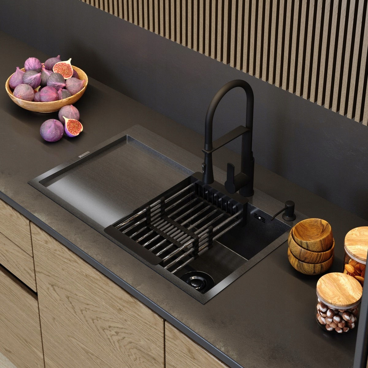 SET Steel black sink 78cm + sink drainer + siphon + drain