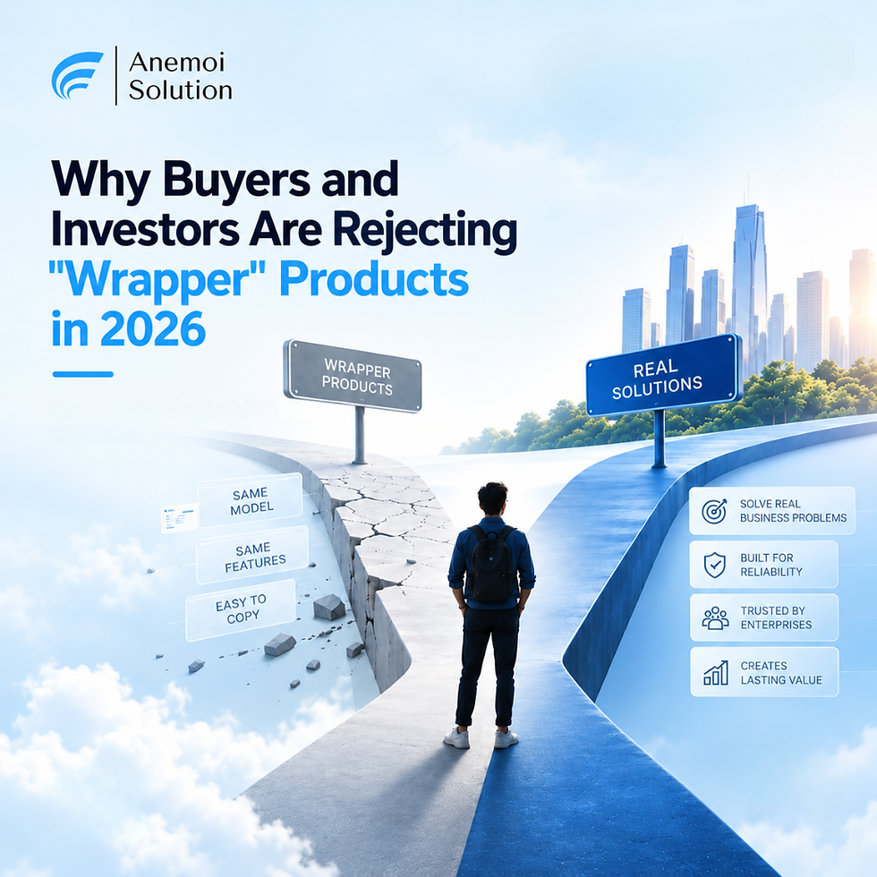Anemoi Solution blog graphic showing a person at a forked road between “Wrapper Products” and “Real Solutions,” illustrating the difference between easily copied AI products and durable products built for real business problems, reliability, enterprise trust, and lasting value.
