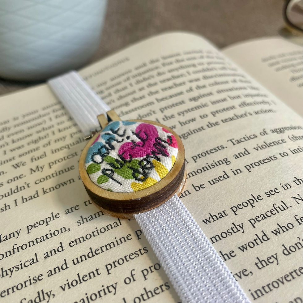 Thumbnail: Can't put it down...Freehand Embroidered Mini Hoop Bookmark