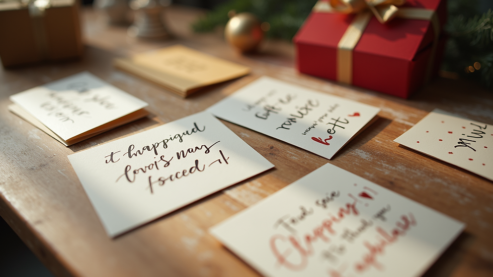 High angle view of a collection of gift cards with handwritten notes on a table
