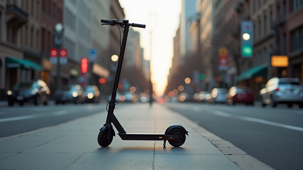 Eye-level view of electric scooter parked on city sidewalk