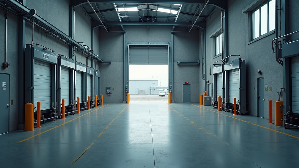 Wide angle view of industrial warehouse with loading bays