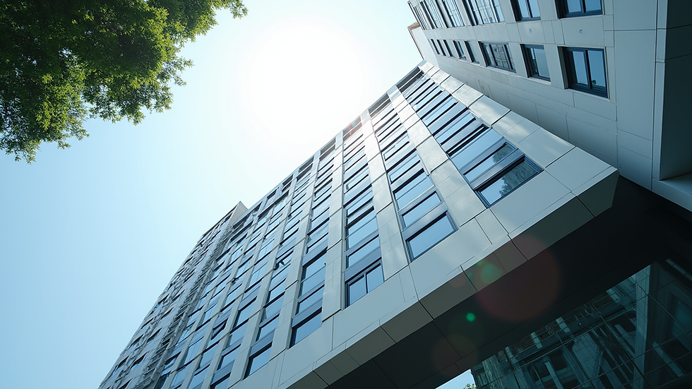 Eye-level view of a modern commercial building in Puchong with clear skies