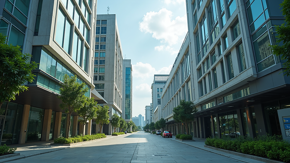 Eye-level view of a modern commercial building in Puchong