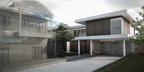 Front elevation of Titus House in Chiang Mai showing cantilevered upper floor, screened glazing, stone wall, and sheltered carport