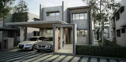 Front elevation of a modern villa at Miville Residences with cantilevered upper floor and covered carport