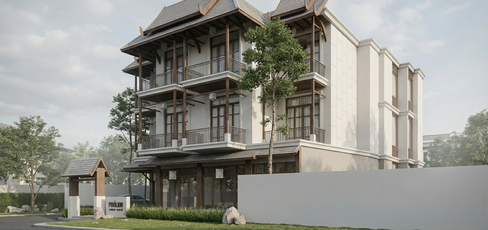 Corner massing study of Thapae Twin Hotel showing twin accommodation blocks, repetitive balcony modules, and activated ground-floor frontage.