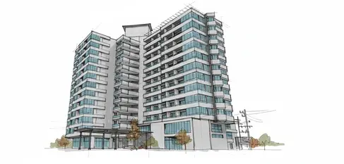 Hand-drawn elevation sketch of Green Valley Residences residential tower showing curved form, balcony articulation, and skyline proportions.