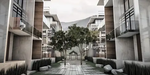 Central courtyard of Mango Residences with landscaped walkways, trees, pavilion, and residential wings creating a formal arrival space.