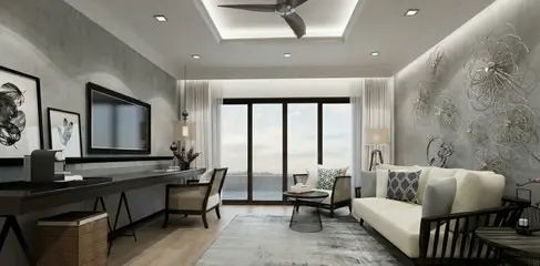 Guestroom interior at Lakeside Wellness Resort showing integrated work and lounge areas, recessed ceiling lighting, and garden-facing glazing.