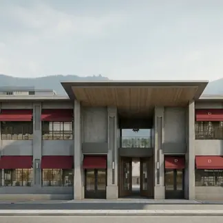 The Consulate Clubhouse exterior showing symmetrical façade, central entrance, and controlled arrival sequence in Mae Rim, Chiang Mai.