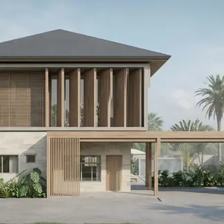 Front elevation of Joe House showing screened upper floor, pitched roof, and shaded carport in a modern tropical villa in Hangdong, Chiang Mai