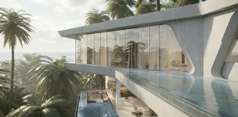 Cantilevered modern villa at Butterfly Villas with elevated glass volume and minimal ground impact on hillside terrain.