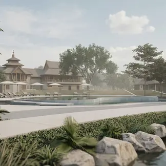 Lakeside public realm at Lakeside Wellness Resort showing pavilion architecture, pool terrace, promenade, and landscaped shoreline in Chiang Mai.