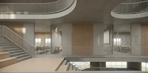 Lanna International School Phase 2 interior concept showing atrium learning commons with tiered stairs, balcony circulation, and timber finishes.
