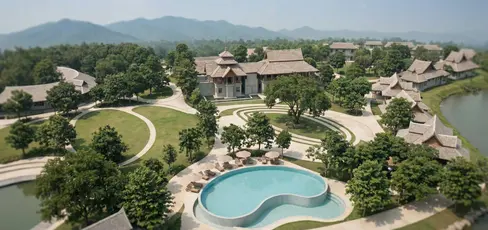 Landscape-integrated pool area at Lakeside Wellness Resort with curving pool form, terraces, planting buffers, and pedestrian connections.