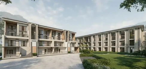 Courtyard perspective of Mountain Loft Condominium illustrating spatial organization, residential blocks, and shared open space.