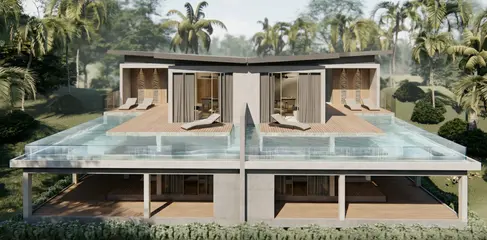 Primary elevation of Samui Villas in Koh Samui showing symmetrical massing, cantilevered pool deck, recessed balconies, and continuous glazing overlooking the hillside landscape.