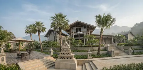 Terrace and water-edge architectural study for Enshi Resort illustrating stepped platforms, pavilion structure, seating zones, and landscape integration.