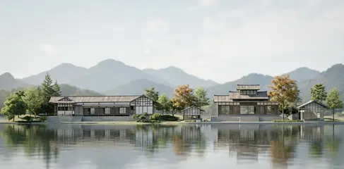 Architectural elevation study of Enshi Resort showing principal hall hierarchy, pavilion massing, roof articulation, and landscape screening.
