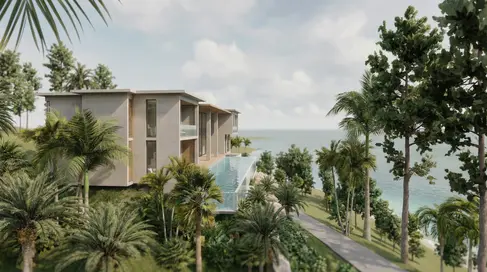 Hillside view of Cicada Villas with projecting terraces, tropical landscaping, and clear sea-view orientation