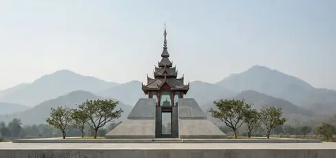 Concept massing vignette of Dhara Dhevi Phase 2 highlighting ceremonial pavilion, raised plinth, central axis, and calibrated roof silhouette.