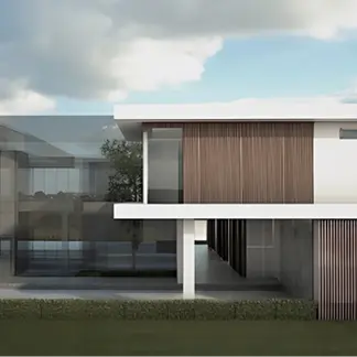 Side elevation of Titus House showing deep eaves, timber screening, and shaded circulation for climate control