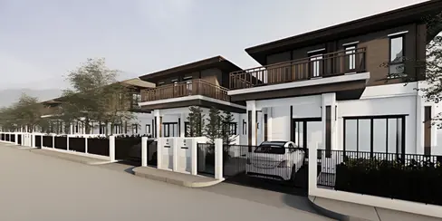 Streetscape rendering of Fah Luang Villas showing repeated two-storey units, balconies, boundary walls, and landscaped frontage.