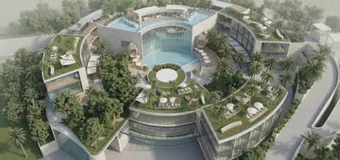 Concept aerial of Samui One Resort showing curved accommodation wings, central water amenities, roof landscape terraces, and perimeter vehicular circulation.