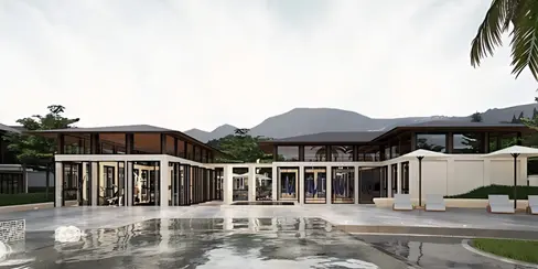Central courtyard at Highland Villas with glazed amenity pavilions, shaded roof overhangs, and reflective water surface
