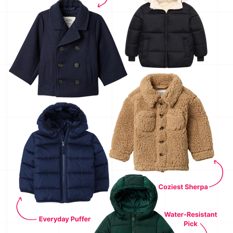 Collage of five stylish toddler boy jackets including puffer, wool blend, and sherpa styles with pink text overlays reading Mini Gentleman Coat, Everyday Puffer, and more