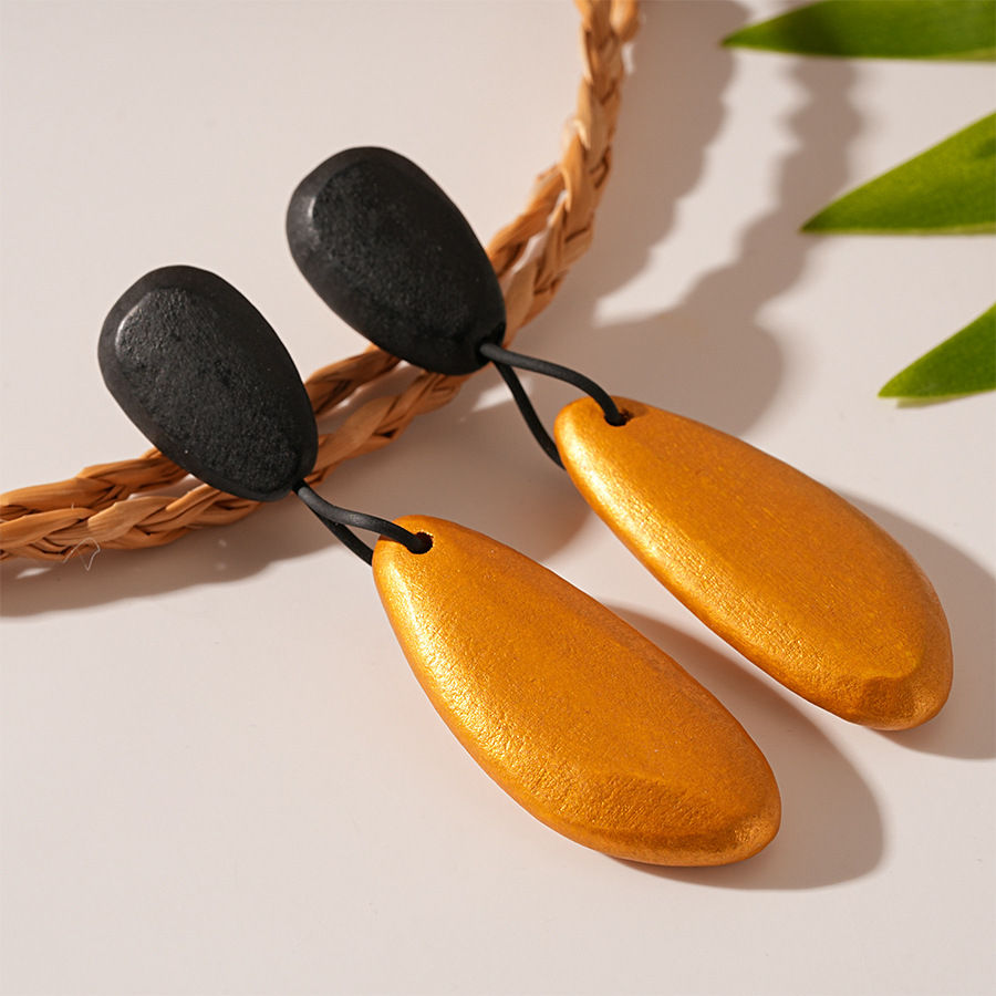 Miniatura: Retro Wooden Irregular Oval Drop Earrings for Women Water Droplet Shaped Earring