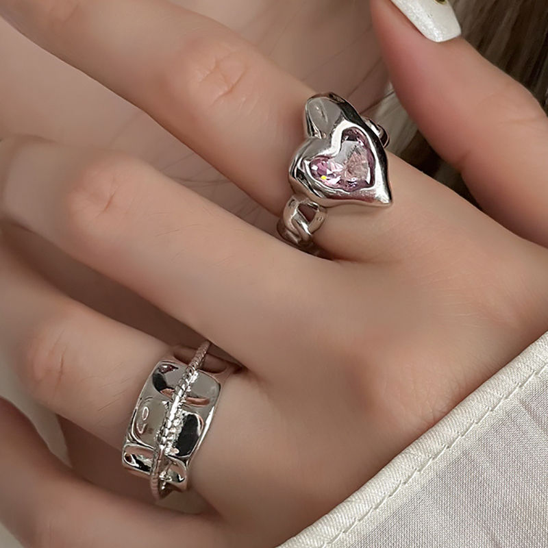 Miniature : FOXANRY Stamp LOVE Irregular Heart Rings for Women INS Fashion Creative Pink Zir