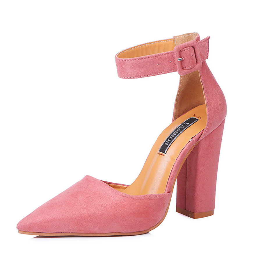 Miniaturbild: Ankle Belt Buckle Sexy Women Sandals Thick Heel Summer Shoes Pink Black Flock Po