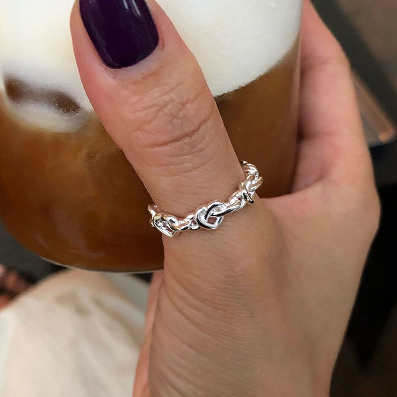 الصورة المصغرة: FOXANRY Silver Color Rings for Women Trendy Elegant Creative Weave Texture LOVE 