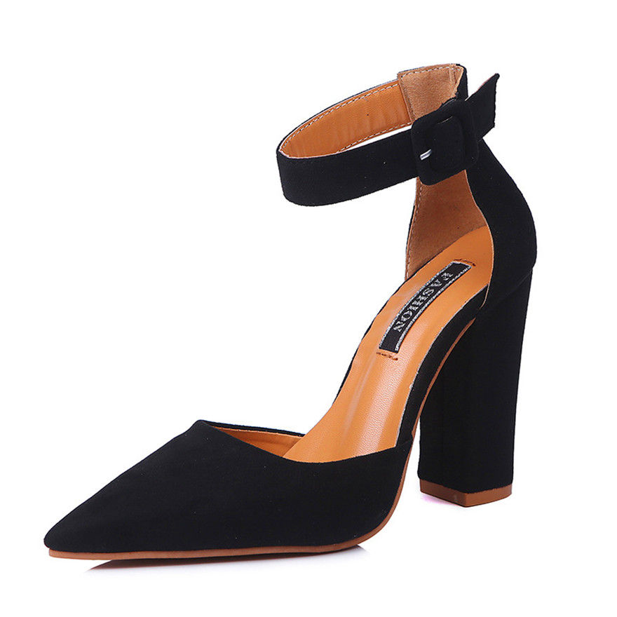 Miniaturbild: Ankle Belt Buckle Sexy Women Sandals Thick Heel Summer Shoes Pink Black Flock Po