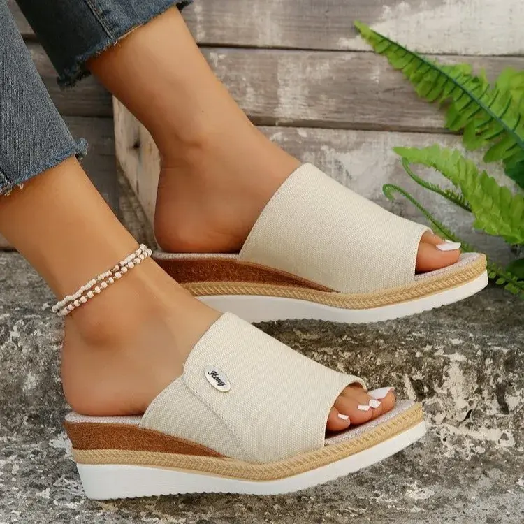 Miniature : Women Slippers 2024 Summer New Fashion Elegant Cloth Shoes for Women Wedge Peep 