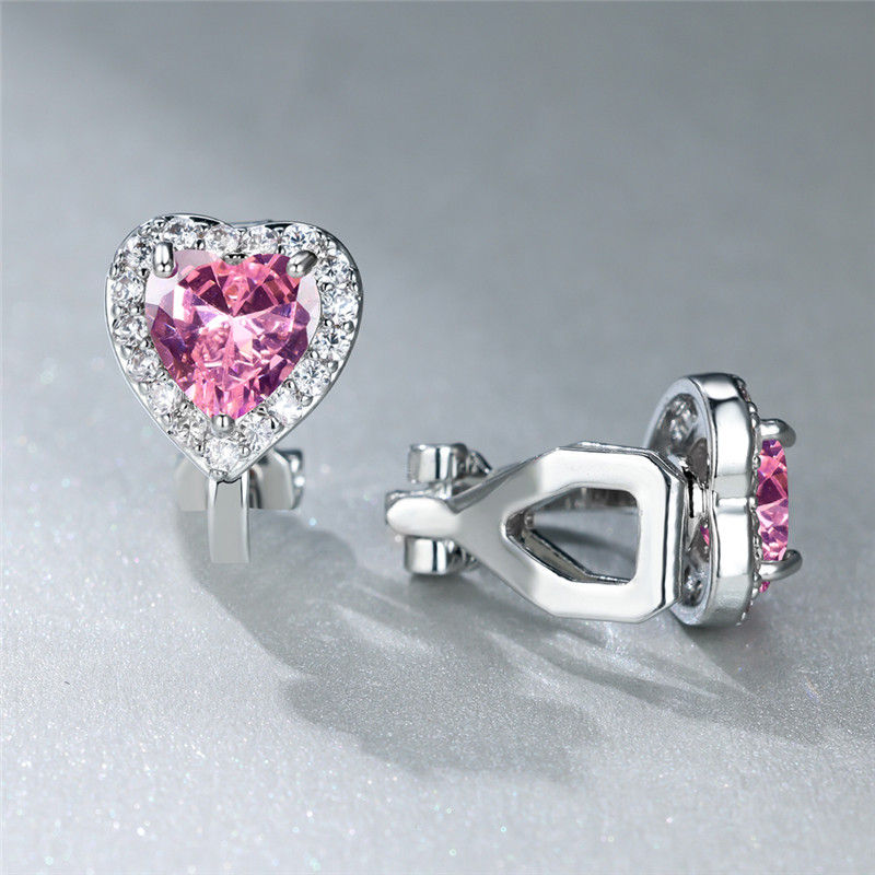 Miniature : Vintage Black Stone Clip Earrings Pink Crystal White Zircon Love Heart Earrings 