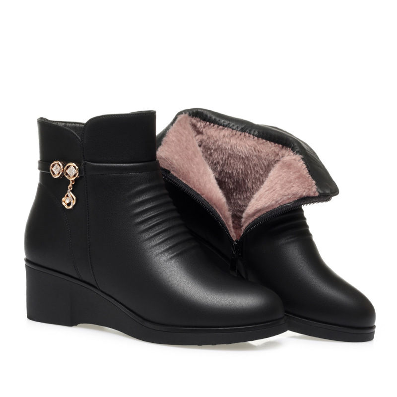 Thumbnail: Wedges Heel Women Boots 2024 Winter Thick Plush Lined Soft Leather Women Snow Bo
