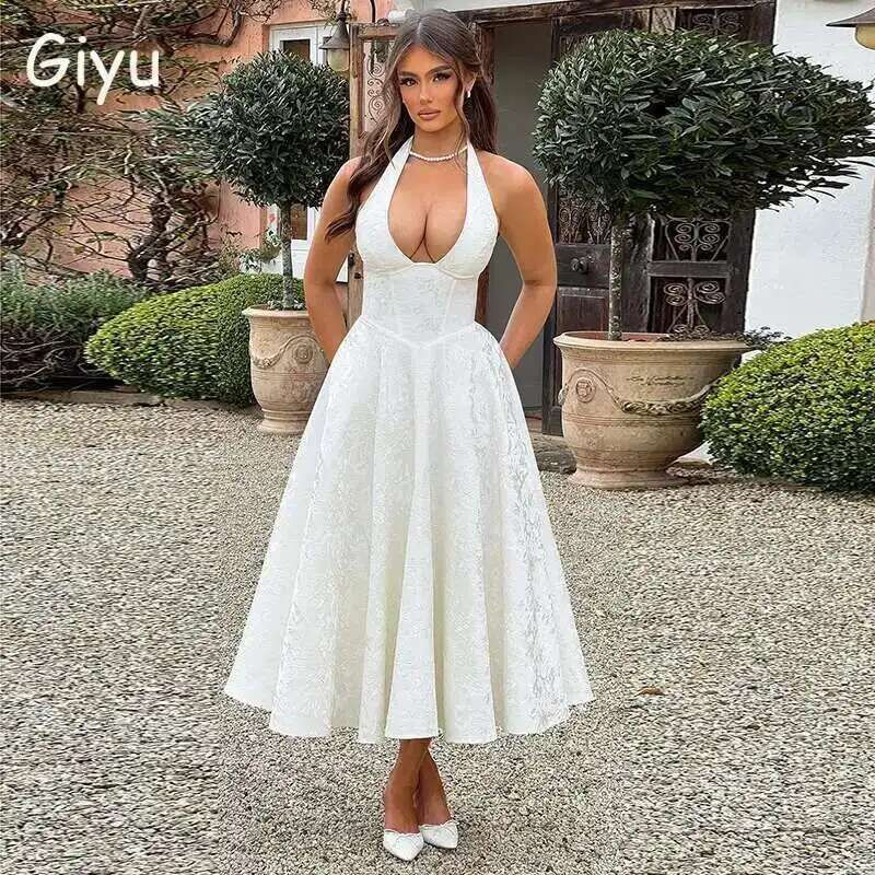 Miniature :  Sexy Bow Halter Long Dress Elegant Jacquard Lace Up Backless Birthday Robe