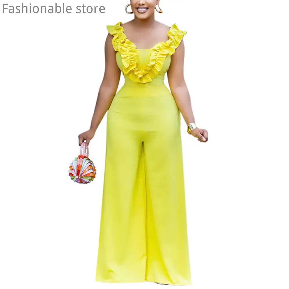 Women's Sexy Solid Color Off Shoulder Ruffles Trim Decor Backless High Waist Wid