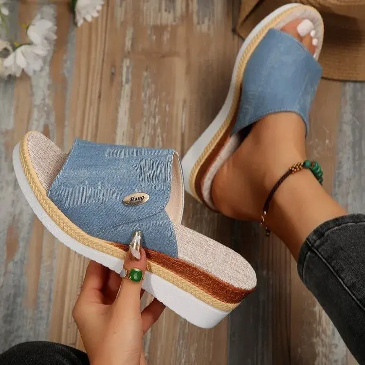 Miniature : Women Slippers 2024 Summer New Fashion Elegant Cloth Shoes for Women Wedge Peep 