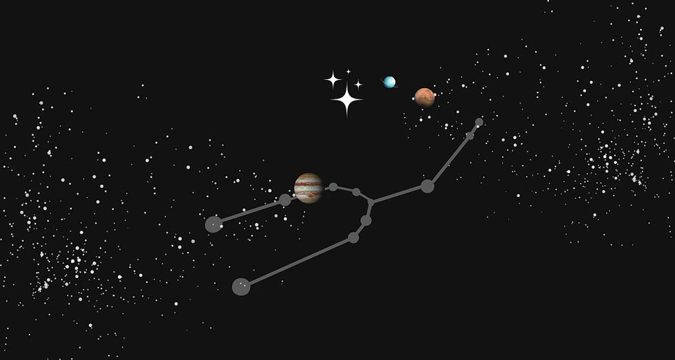 Ilustración de la conjunción de Urano y Marte sobre la constelación de Tauro. También son visibles las Pléyades y el planeta Júpiter.