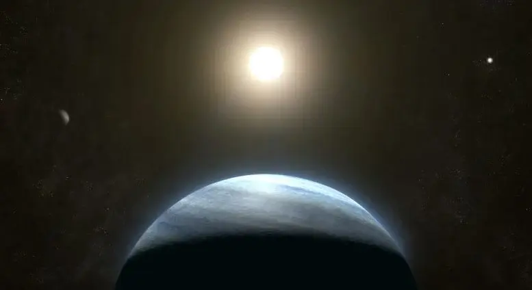 El sistema contiene una segunda estrella (derecha) y también puede albergar otro exoplaneta (izquierda). Crédito: Ed Bell para la Fundación Simons