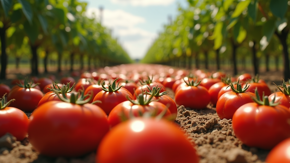Eye-level view of a lush field of ripe tomatoes ready for harvest