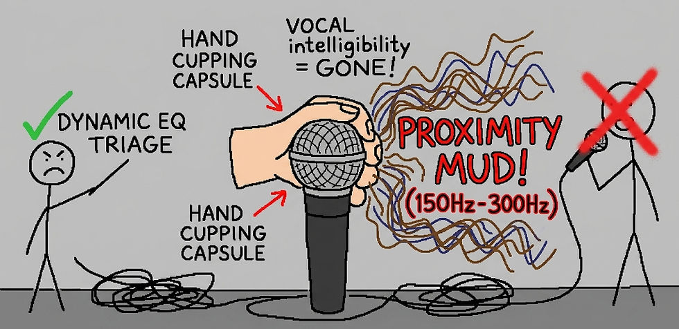 Mic technique diagram shows hand cupping capsule causing proximity mud and lost vocal intelligibility; dynamic EQ triage marked good.