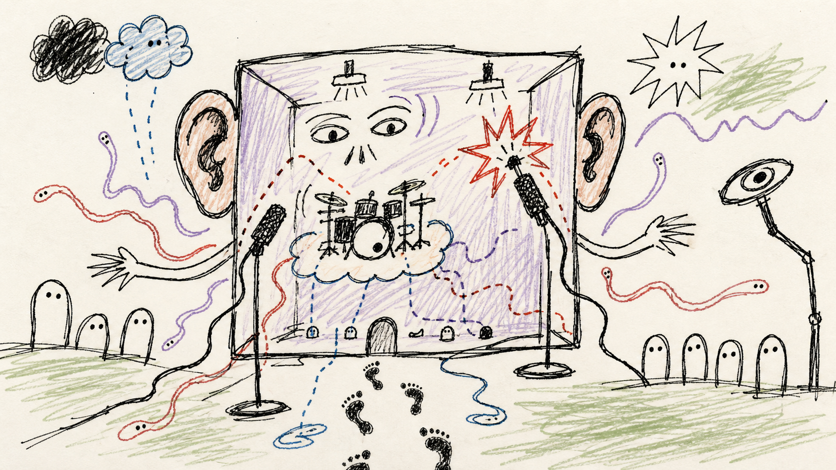 Abstract childlike notebook drawing of a room with ears, crooked microphones catching footprints, bleed worms, sound witnesses, and a jagged snare star