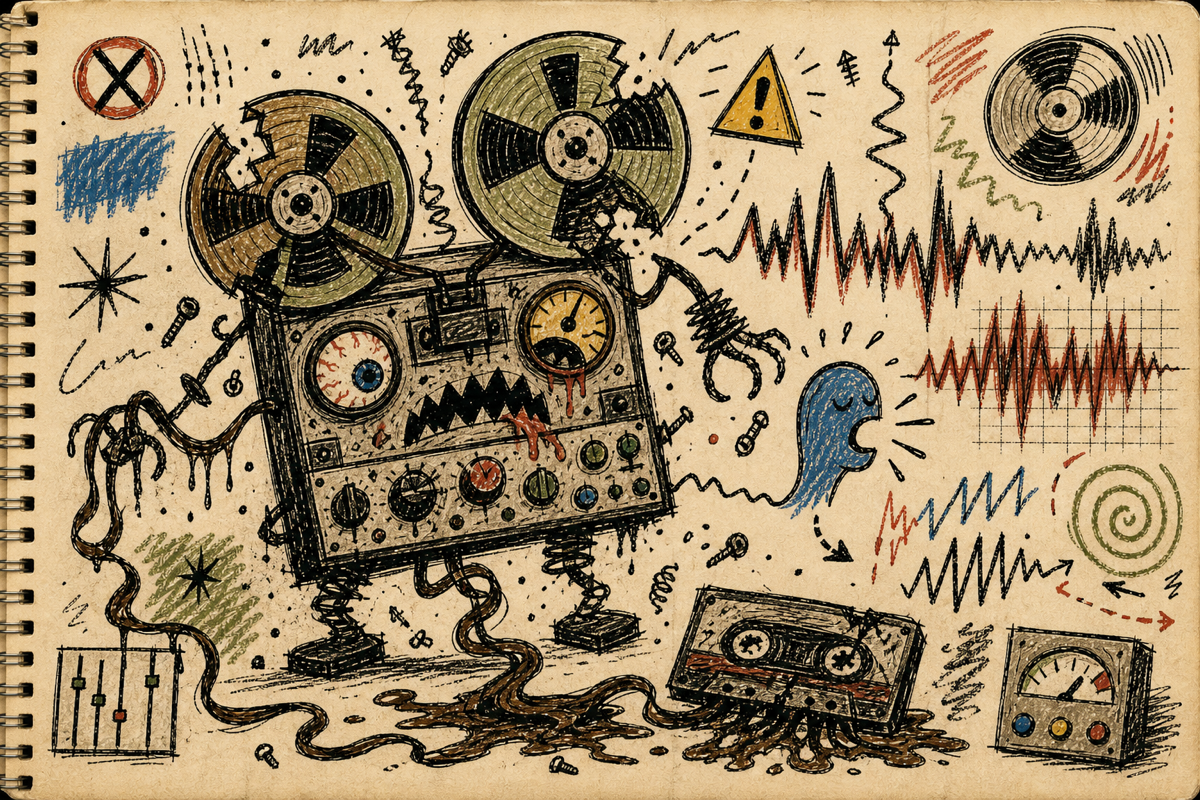 Crude notebook drawing of a sick tape machine with crooked reels, wobbling waveforms, loose screws, warning marks, and a small vocal shape escaping the damage